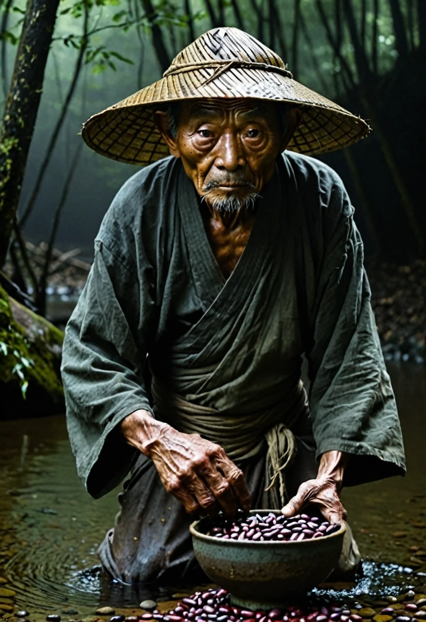 Create an image of Azuki-Arai, a popular Japanese yokai. He should appear eerie and frightening. Azuki-Arai is typically depicted as a small, old man with a hunched back and wrinkled skin. His eyes should be small and beady, with a mischievous and unsettling expression. He should be wearing ragged clothes, with a straw hat that casts shadows on his face. In his hands, he should be washing azuki beans in a river or a dark, eerie setting. The background should be a misty, dark forest with a cold, unsettling atmosphere. The overall mood of the image should be haunting and chilling.