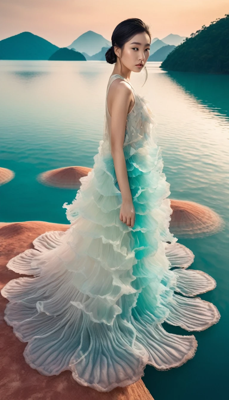 bird’s eye view fashion photoshoot of a cute young japanese woman, wearing a haute couture jellyfish dress, on a tropical white realm dream water catwalk on mars, turquoise lake in the background, pastel sunset