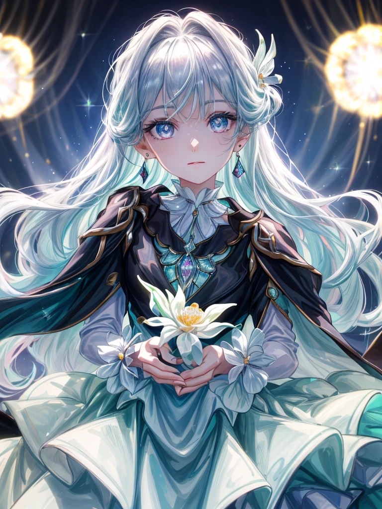 masterpiece, highest quality, figure, alexandrite eyes and hair, platinum earrings, Platinum Necklace, white dress, The Little Mermaid, cute, (dynamic lighting:1.2), cinematic lighting, delicate features, fine eyes, sharp pupils, realistic student, Depth of bounds written, Bokeh, sharp focus, (very detailed, bloom, shine:1.4), Many Small Gems