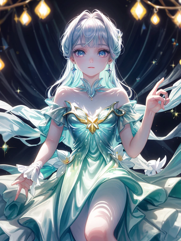 masterpiece, highest quality, figure, alexandrite eyes and hair, platinum earrings, Platinum Necklace, white dress, The Little Mermaid, cute, (dynamic lighting:1.2), cinematic lighting, delicate features, fine eyes, sharp pupils, realistic student, Depth of bounds written, Bokeh, sharp focus, (very detailed, bloom, shine:1.4), Many Small Gems