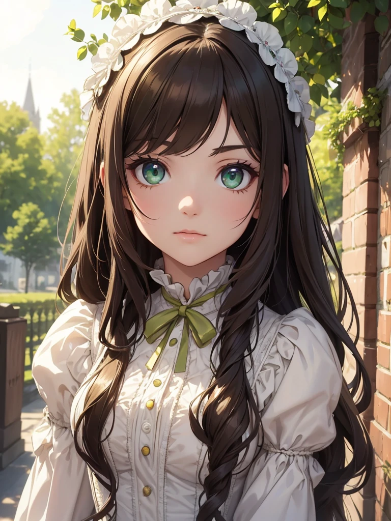(8K, Best Quality, Masterpiece, Ultra High Resolution) 1 Girl, Woman, Beautiful Eyes, Face Details, Brunette Hair, Long Hair, Flowy Hair, Green Eyes, Pale Skin, Victorian Dress, Victorian Maiden, White and Yellow Details, Outside, Victorian Village, Best Quality, Upper Body, Looking at the Viewer, Facing Viewer, Close Up
