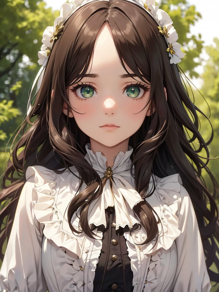 (8K, Best Quality, Masterpiece, Ultra High Resolution) 1 Girl, Woman, Beautiful Eyes, Face Details, Brunette Hair, Long Hair, Flowy Hair, Green Eyes, Pale Skin, Victorian Dress, Victorian Maiden, White and Yellow Details, Outside, Victorian Village, Best Quality, Upper Body, Looking at the Viewer, Facing Viewer, Close Up