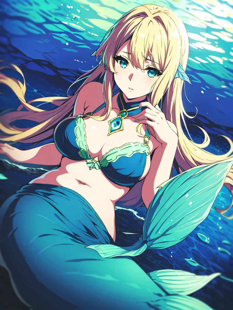 violet evergarden, mermaid, underwater, masterpiece, best quality, 1girl, solo, blonde hair, long hair blue eyes, extra large breasts, bra, looking at viewer, green mermaid tail,