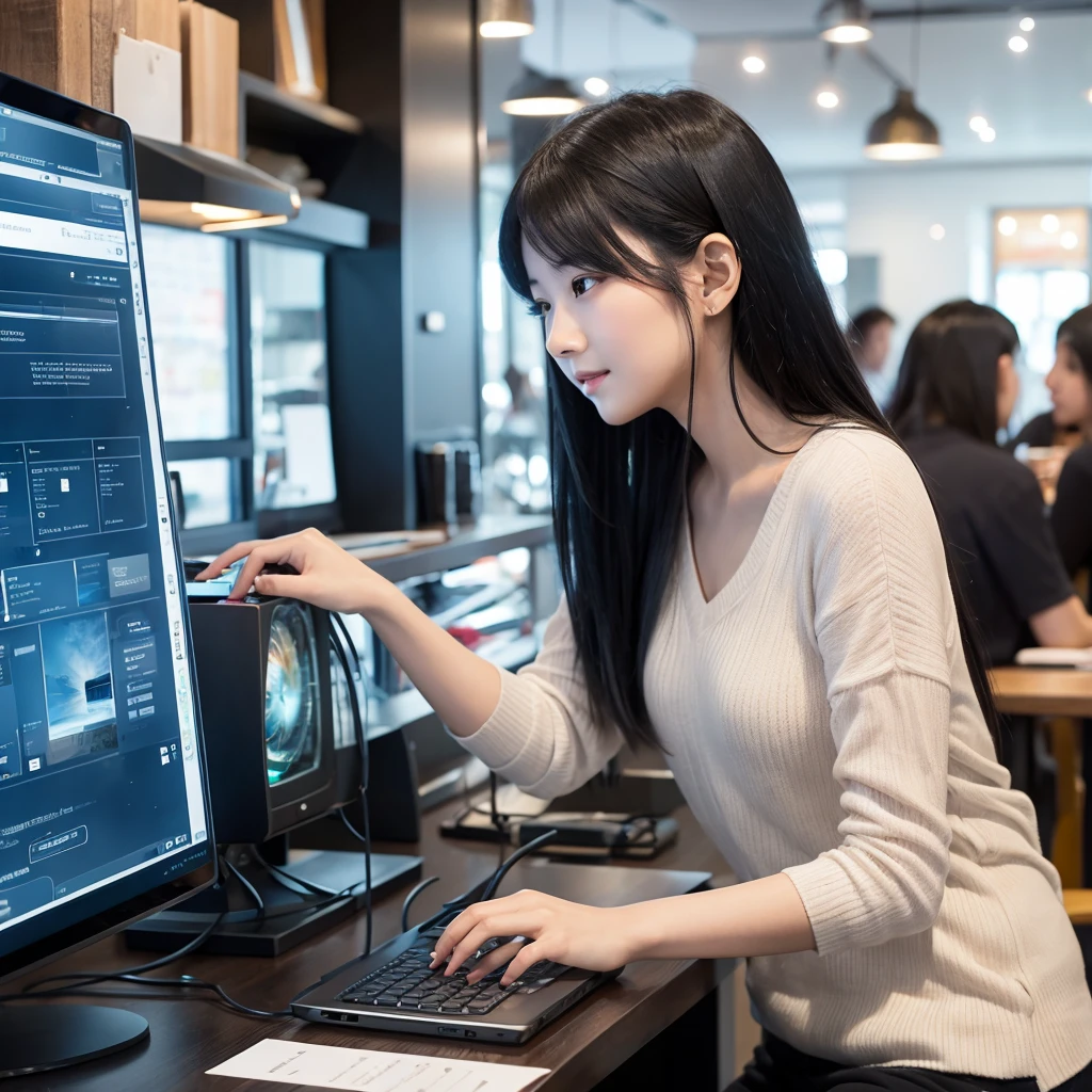 Black-haired woman in her 20s。Working on a computer in a cafe