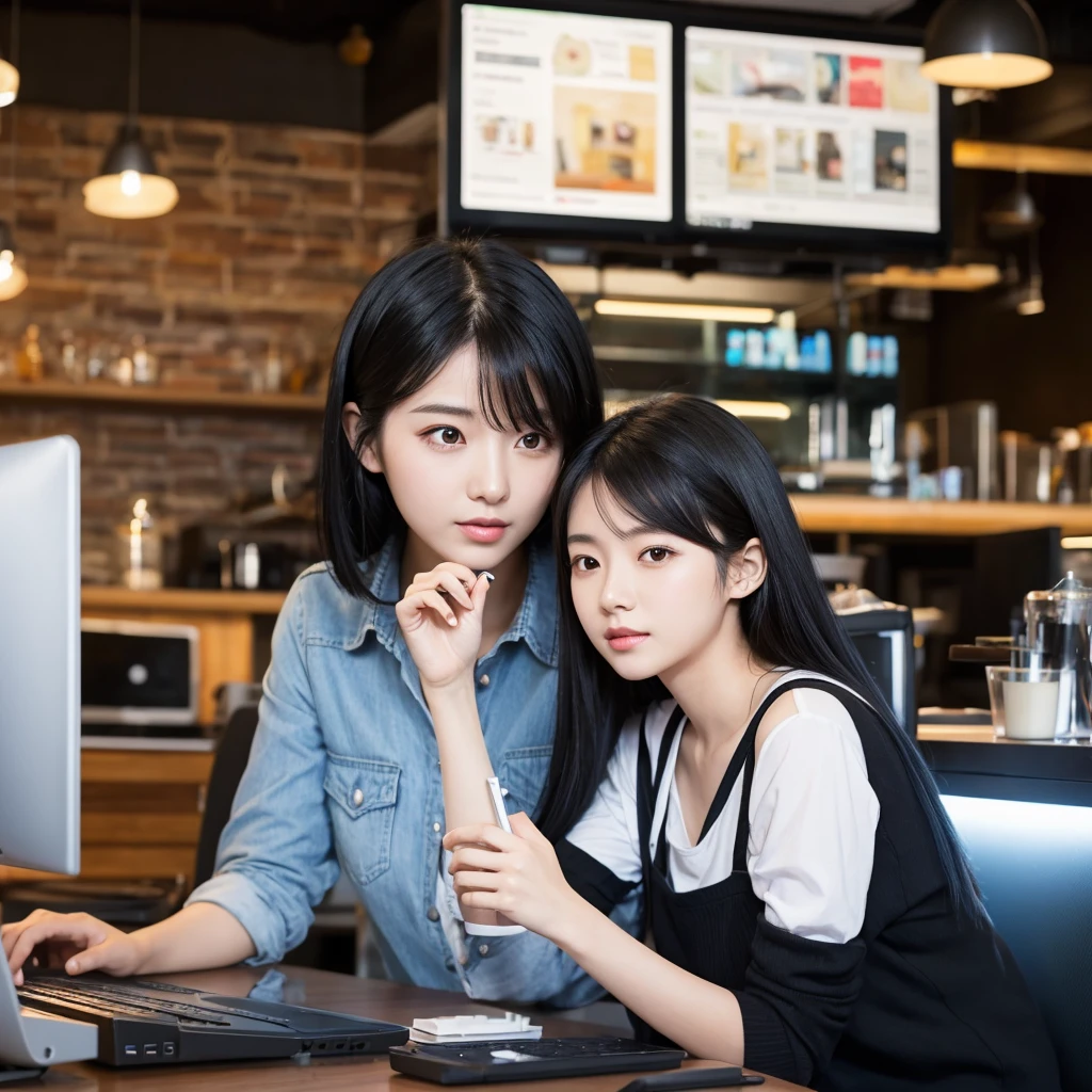 Black-haired woman in her 20s。Working on a computer in a cafe