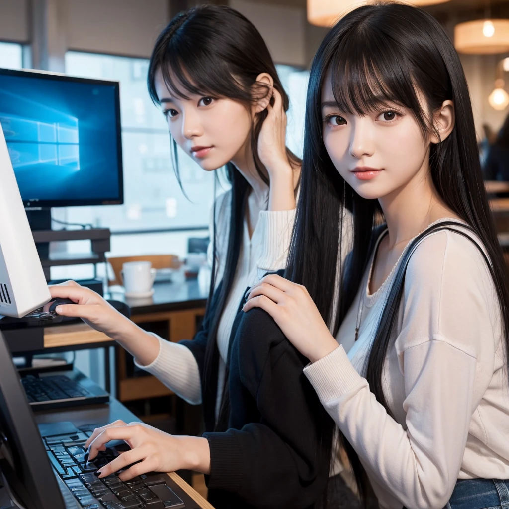 Black-haired woman in her 20s。Working on a computer in a cafe