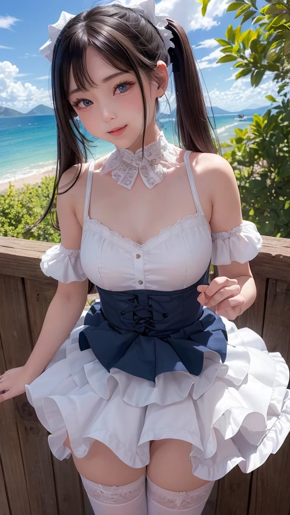 ((masterpiece)), ((highest quality、Ultra high definition)), (Very detailed),8K、Photo quality、((Amazingly cute girl)),( -yeld gi, Two people, , (Beautiful emerald blue eyes), ((smile)),In the open-air bath overlooking the sea, Beautifully arranged black hair in twin tails、whole body、((Super high-end white see-through summer gothic lolita maid costume、A super mini skirt with lots of frills))、Professional Lighting、(White lace knee-highore detailed and beautiful)、(More details and cutenesore realistic)、(((ウインクしている)))、