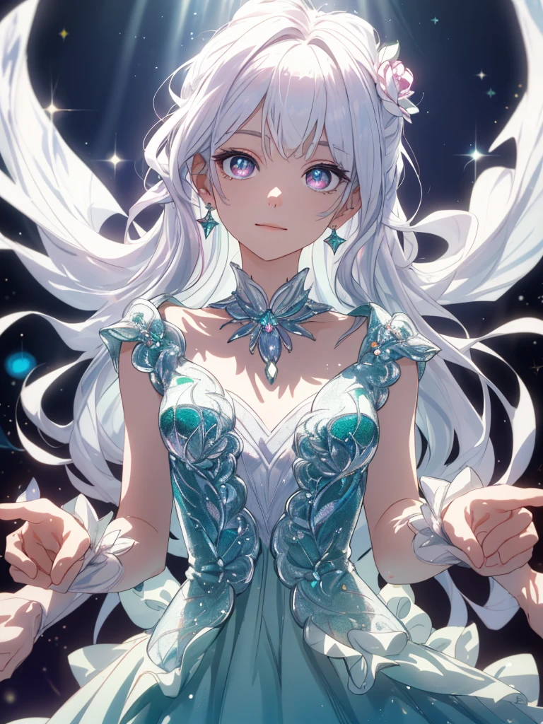 masterpiece, highest quality, figure, alexandrite eyes and hair, platinum earrings, Platinum Necklace, white dress, The Little Mermaid, cute, (dynamic lighting:1.2), cinematic lighting, delicate features, fine eyes, sharp pupils, realistic student, Depth of bounds written, Bokeh, sharp focus, (very detailed, bloom, shine:1.4), Many Small Gems