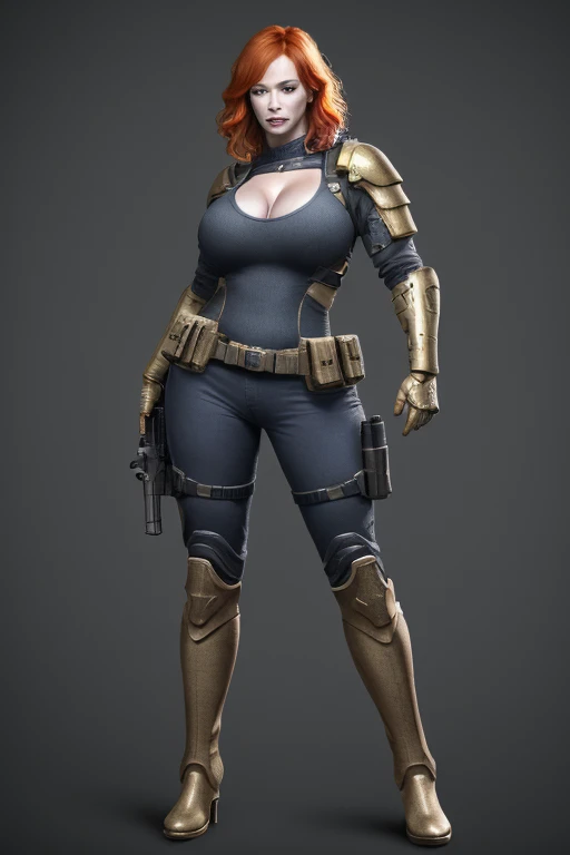 Christina Hendricks as an Rainbow Six character, alluring 48 year old woman, High-quality facial research of Christina Hendricks, (Christina's sculpted cheekbones and slight wrinkles around the face), High-quality detailed research of Christina Hendricks voluptuous figure, large breasts, buxom chested. ((aiming at the viewer with a gun)), armored uniform, utility belt, metal armlets, two pistols, gun holsters, thick boots. Whole body, Casual pose, Beautiful pose, (Extremely detailed CG 8k wallpaper), (Extremely delicate and beautiful), (Masterpiece), (Best quality: 1.0), (Ultra-high resolution: 1.0), Beautiful lighting, Perfect lighting, Realistic shadows, [high resolution], Detailed skin, Super detailed (((Colorful))), Digital art, Rainbow Six concept art, full body concept art, Expert concept art with high detail, concept-art, fps game concept art, concept-art, Vivian Rocray style, Video game concept art, 4K, full body portrait
