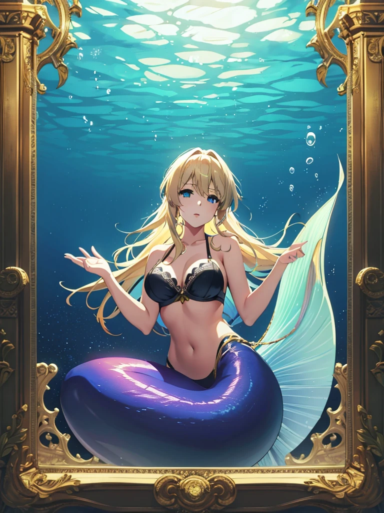 violet evergarden, mermaid, underwater, masterpiece, best quality, 1girl, solo, blonde hair, long hair blue eyes, large breasts, bra, looking at viewer, green mermaid tail,