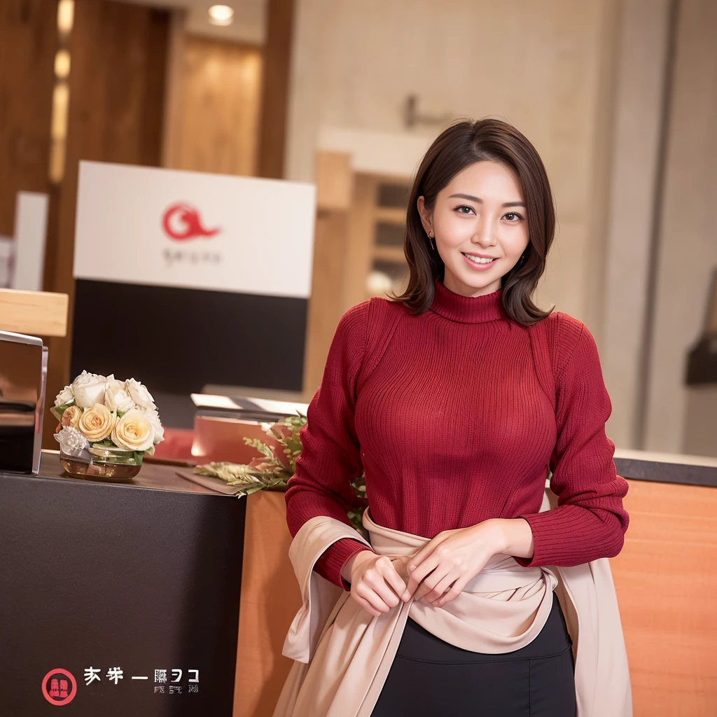 ((highest quality, 8k, masterpiece:1.3)), Lower body, sharp focus:1.2, Beautiful hijab woman with perfect figure:1.4, slender abs:1.1, The background is a convenience store counter, ((shortcut, big breasts:1.3)), (wearing a fluffy red sweater dress, big breasts, slim and toned waist, Soft big buttocks, laughing:1.2), Highly detailed face and skin texture, detailed eyes, double eyelid, 25 year old woman, mature woman, laughing