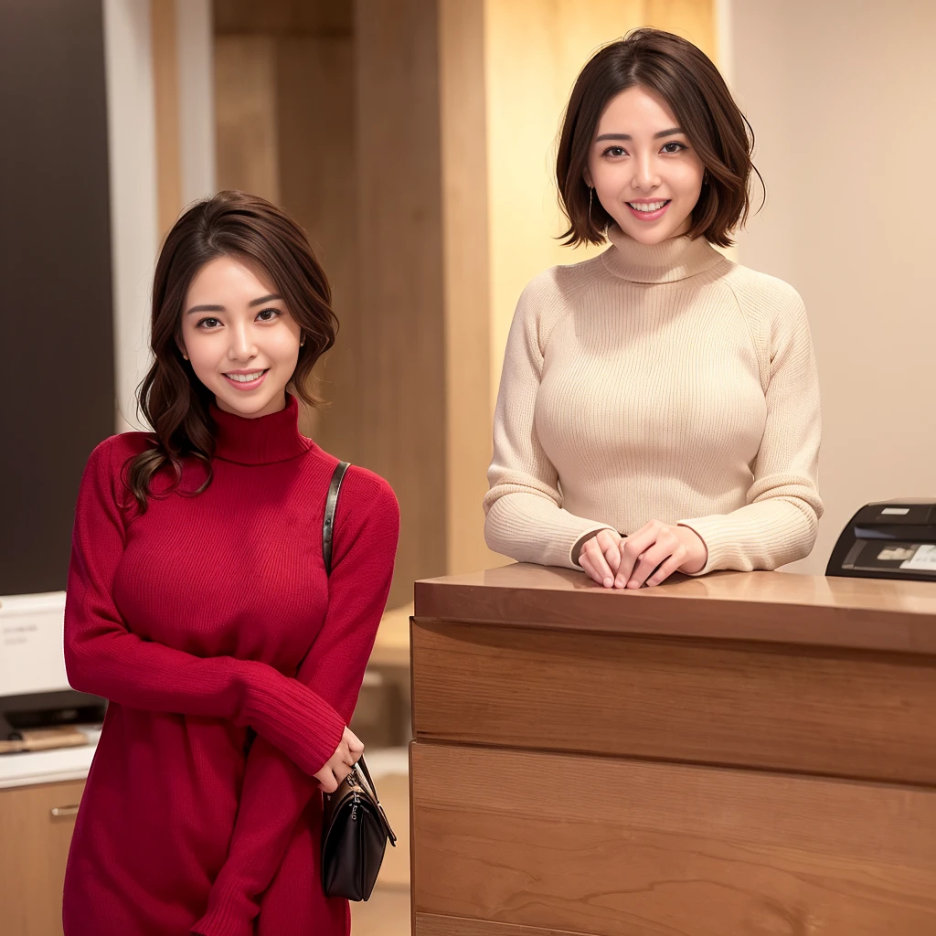 ((highest quality, 8k, masterpiece:1.3)), Lower body, sharp focus:1.2, Beautiful hijab woman with perfect figure:1.4, slender abs:1.1, The background is a convenience store counter, ((shortcut, big breasts:1.3)), (wearing a fluffy red sweater dress, big breasts, slim and toned waist, Soft big buttocks, laughing:1.2), Highly detailed face and skin texture, detailed eyes, double eyelid, 25 year old woman, mature woman, laughing
