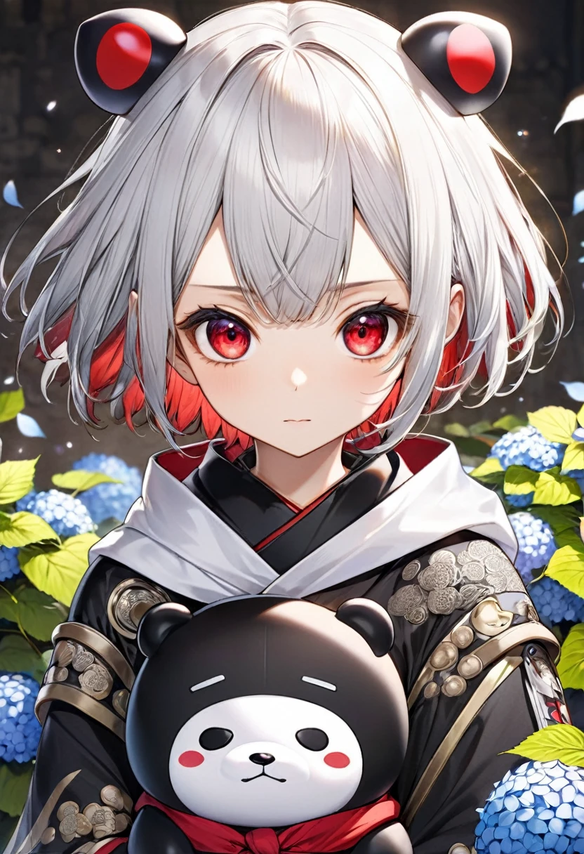 (close up face) (16 yo, solo crew cut silver hair very short hair divine sword fighter boy, detailed cool red eyes, serious face), (in a Kumamon costume), break, (in the Kumamoto Castle, background A cluster of hydrangeas), BREAK, perfect anatomy, masterpiece, best quality, 16k, beautiful detailed grow, daydreaming expression.