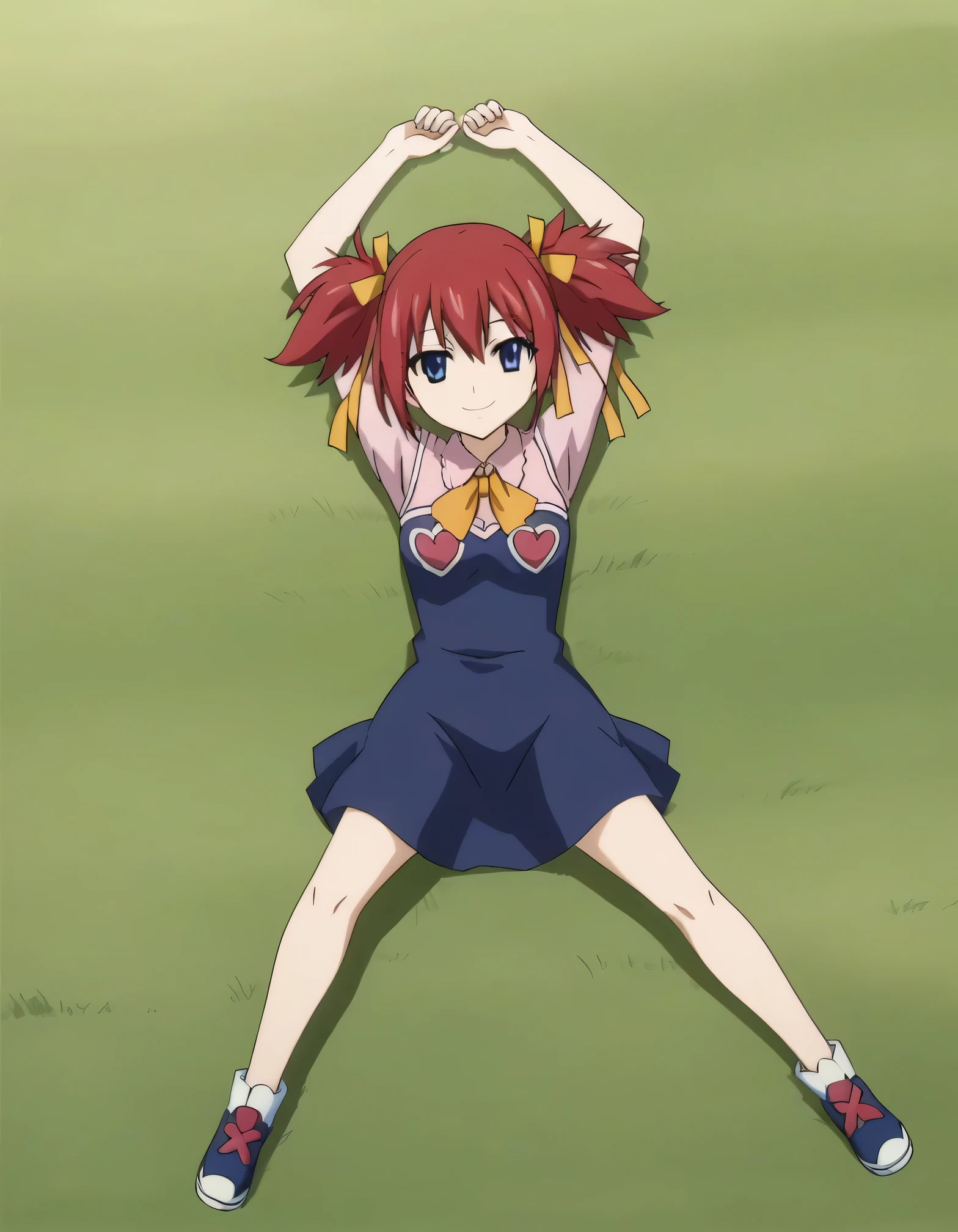 chelia_blendy, source_anime, rating_safe, intricate details, anime screencap, anime coloring, 1girl, solo, red hair, blue eyes, ribbon, hair ribbon, twintails, short twintails, looking at viewer, high quality, solo, lying, on back, arms up, spread arms, closed mouth, on grass, center, full body, looking at viewer, suggestive smile, best quality, spread legs,