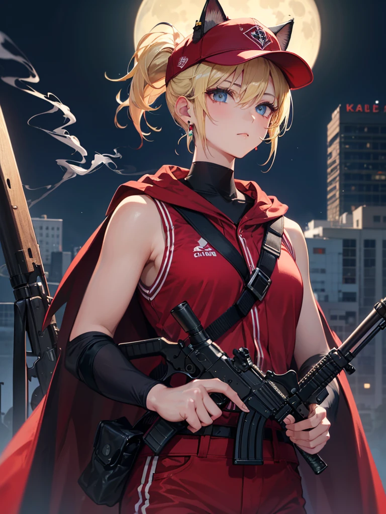 ((kalashnikov_rifle,assault_rifle ,holding_gun))  (((Blonde hair　short ponytail　Wear a cap)))　((cyber punk　Earrings　Smoke a cigarette  solo)),((Shining Moon　Shining Background)) ,((Cat ears)), ((Sleeveless)),((Wine Red Baseball Cap)),((Wearing a wine red baseball uniform))、((Red Cape))、Pale blue eyes ,upper body,(Best Quality, 8k, Oil painting, Mastepiece:1.2), Super detailed, (Realism, It&#39;s photorealistic:1.37), 