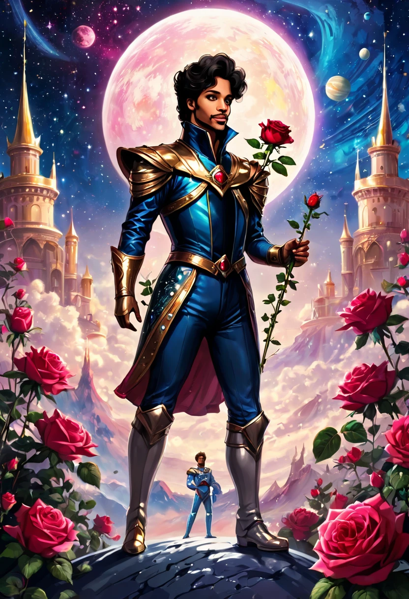 The prince stands on the planet of roses, the crown, outer space, the prince holds a rose