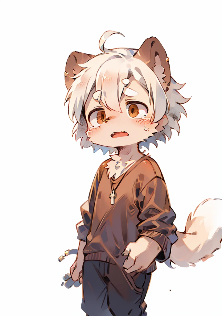 masterpiece,hyena,male,child,Solitary,Minimal details,Delicate eyes,Brown eyes,Hair,White background,Cartoon style,White hair,Facing the camera,Cry loudly