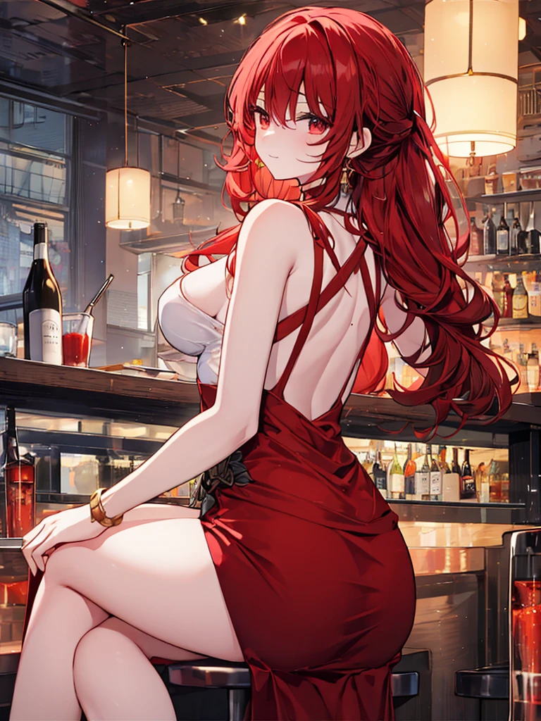 Anime style painting, An illustration, liquor, Woman sitting at a bar drinking a cocktail, look back, back, 背景の棚には多彩な色のliquor瓶が並んでいる, Quiet bar, Calm expression, Perfect hands, elder, Red Hair, The dignity of a 50-year-old, ほろ酔いのwoman, solo、(Highly detailed background:1.0)、(Highly detailed background:1.0)、masterpiece、Highest quality、(Babes)、Fractal Art、Red eyes、Narrow eyes、Black and red dress, Reddish lips、From the shoulders up、smile、One Woman、Red long ponytail, Curly Hair, Red eyes,Golden accessories, solo, Big Breasts, woman, Take-out, Provocative laughter,40 year old woman,Queen of Sadism, Highly detailed background, Perfect Human Medicine,