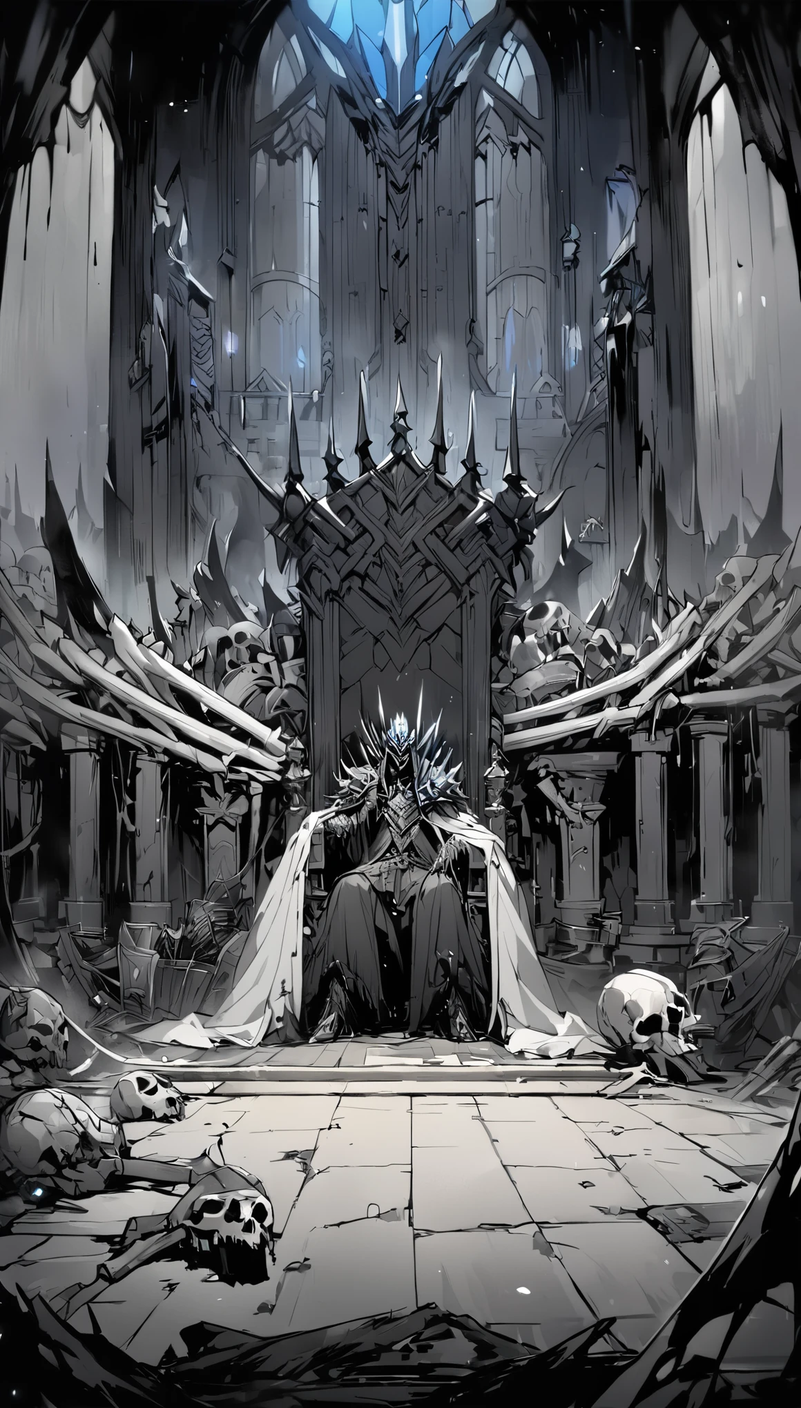 In a castle hall that exudes this eerie atmosphere, A Lich King sitting on a throne made of bones