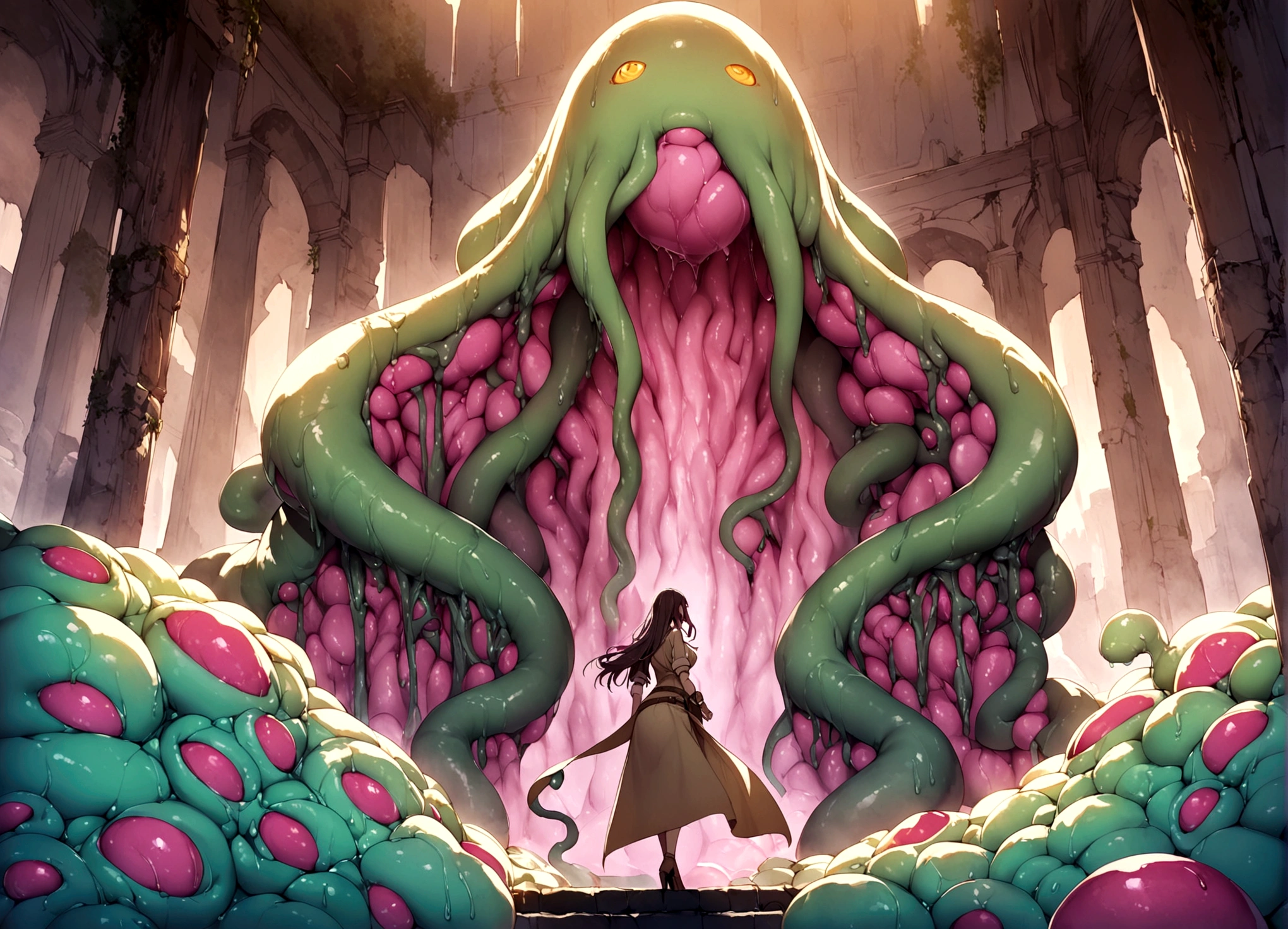 A lovely female indiana Jones (sexy explorer outfit), has discovered the throne chamber in an ancient ruin. (Eldritch symbols cover the odd obsidian wall partly obscured by slimes, molds, and fungus), (A throne of power(made of bone and gold pulsing with evil energy, its guardian is an enormous eldritch horror with many slimy tentacles and an enormous maw) beckons to her to approach the empty throne.