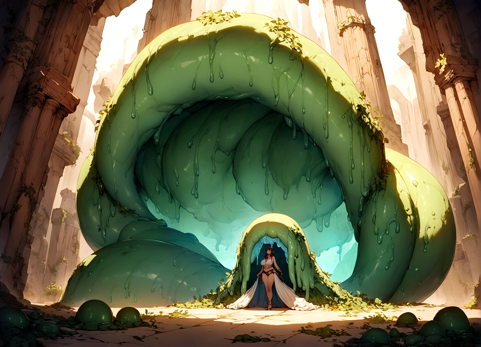 A lovely female indiana Jones (sexy explorer outfit), has discovered the throne chamber in an ancient ruin. (Eldritch symbols cover the odd obsidian wall partly obscured by slimes, molds, and fungus), (A throne of power(made of bone and gold pulsing with evil energy, its guardian is an enormous eldritch horror with many slimy tentacles and an enormous maw) beckons to her to approach the empty throne.
