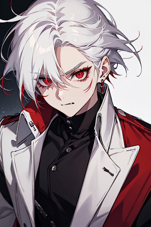 White hair boy with red tips, red eyes with elongated pupil, fangs and a funny expression. She wears a  and an earring.