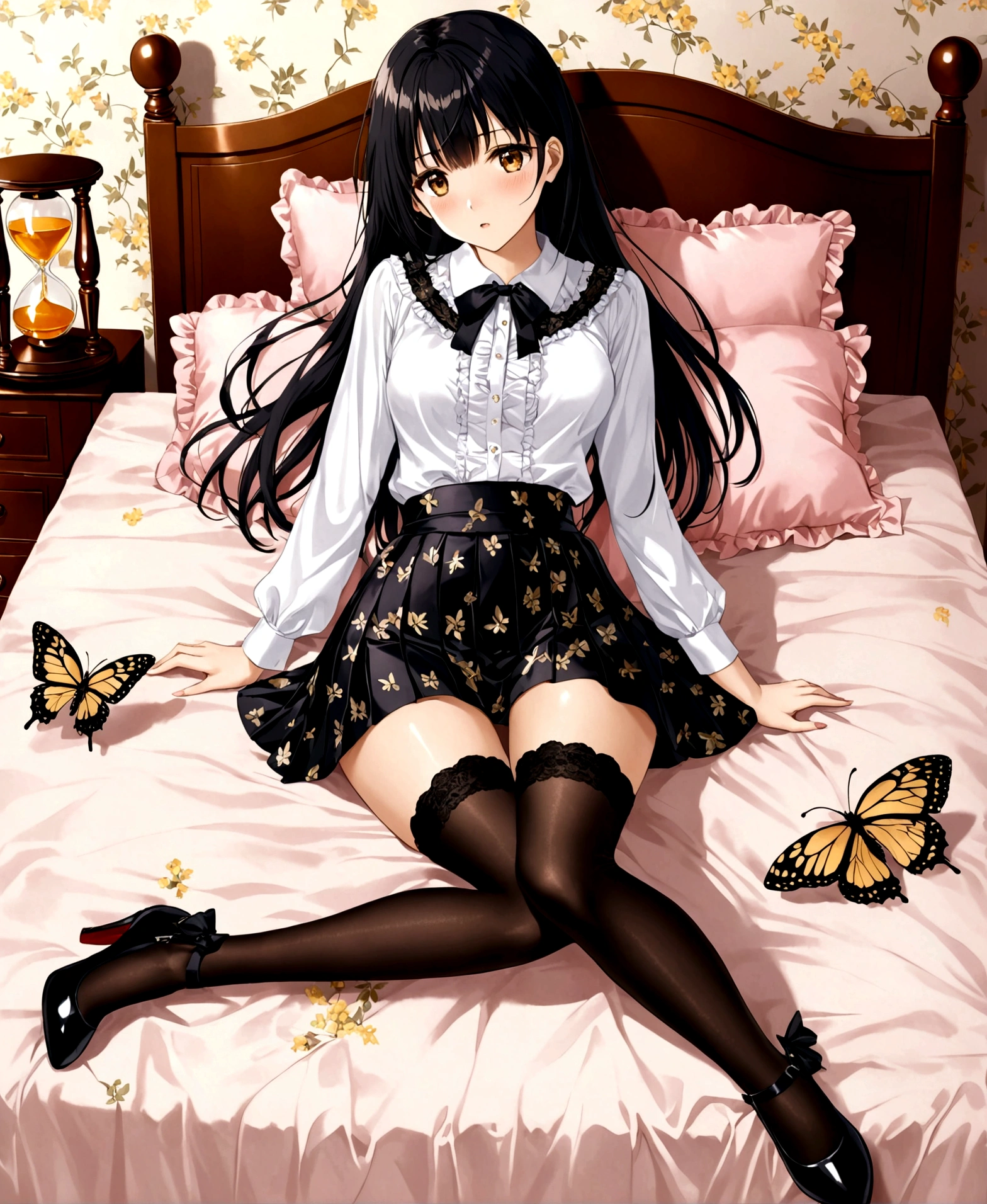 A woman, 18 years old, bedroom, feminine decor, luxurious room, serious, shocked, sobbing, hugging a stuffed animal, lying down, bed, head on pillow, crossing her legs, hourglass shaped body, shapely legs, medium chest, medium hip, small waist, long hair, black hair, honey eyes, wattle eyes, casual wear, mini skirt, mini skirt with flower patterns, pleated mini skirt, thigh high stockings, stockings held up by garters, stockings with diamond patterns, blouse, blouse with lace, neckline, blouse with butterfly patterns, patent leather shoes, medium heels,
