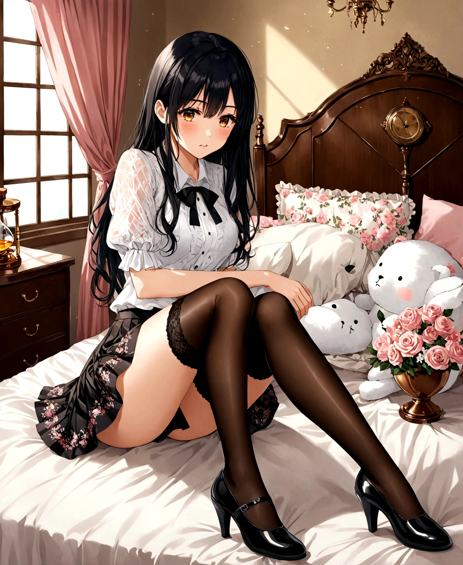 A woman, 18 years old, bedroom, feminine decor, luxurious room, serious, shocked, sobbing, hugging a stuffed animal, lying down, bed, head on pillow, crossing her legs, hourglass shaped body, shapely legs, medium chest, medium hip, small waist, long hair, black hair, honey eyes, wattle eyes, casual wear, mini skirt, mini skirt with flower patterns, pleated mini skirt, thigh high stockings, stockings held up by garters, stockings with diamond patterns, blouse, blouse with lace, neckline, blouse with butterfly patterns, patent leather shoes, medium heels,