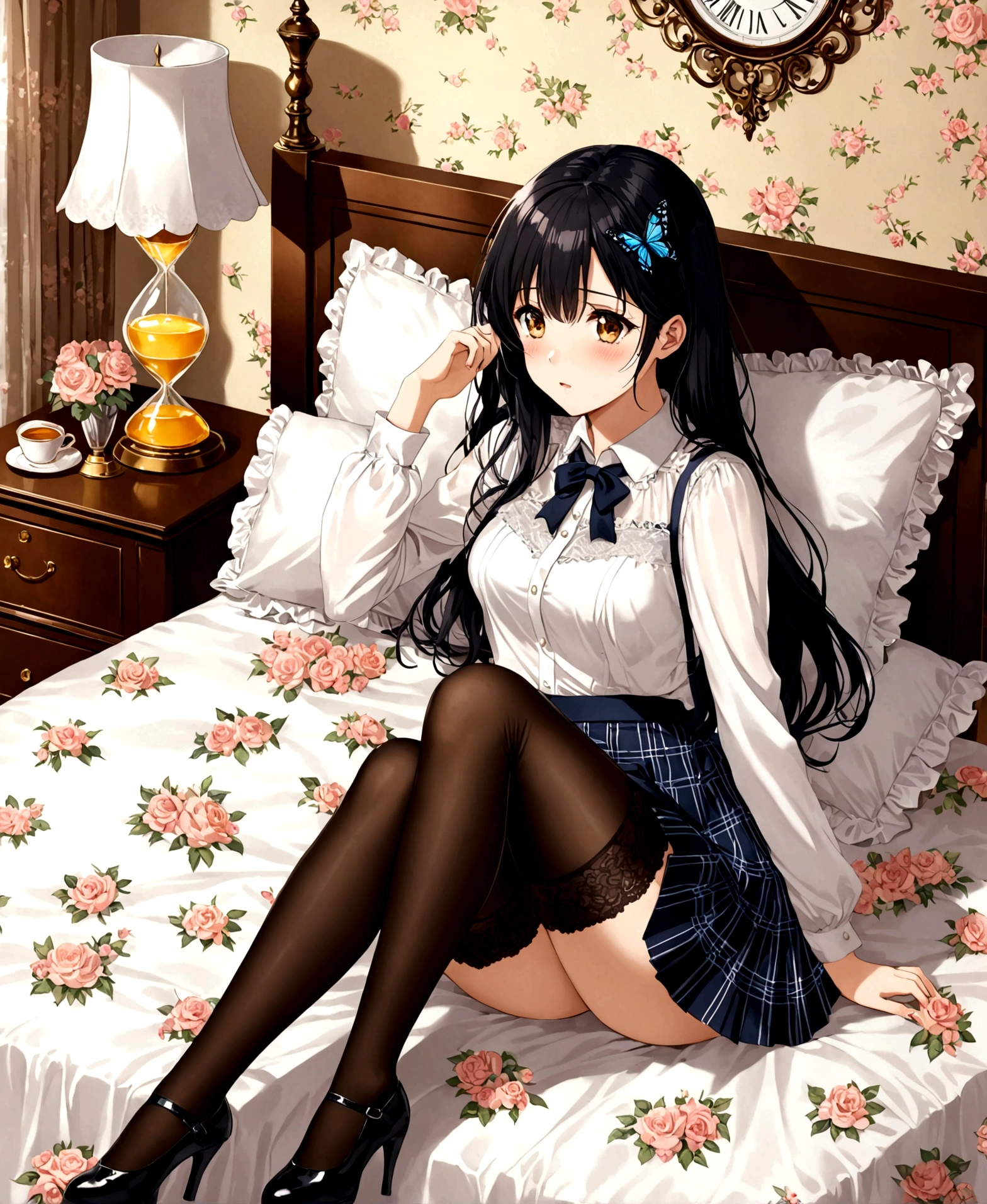 A woman, 18 years old, bedroom, feminine decor, luxurious room, serious, shocked, sobbing, hugging a stuffed animal, lying down, bed, head on pillow, crossing her legs, hourglass shaped body, shapely legs, medium chest, medium hip, small waist, long hair, black hair, honey eyes, wattle eyes, casual wear, mini skirt, mini skirt with flower patterns, pleated mini skirt, thigh high stockings, stockings held up by garters, stockings with diamond patterns, blouse, blouse with lace, neckline, blouse with butterfly patterns, patent leather shoes, medium heels,