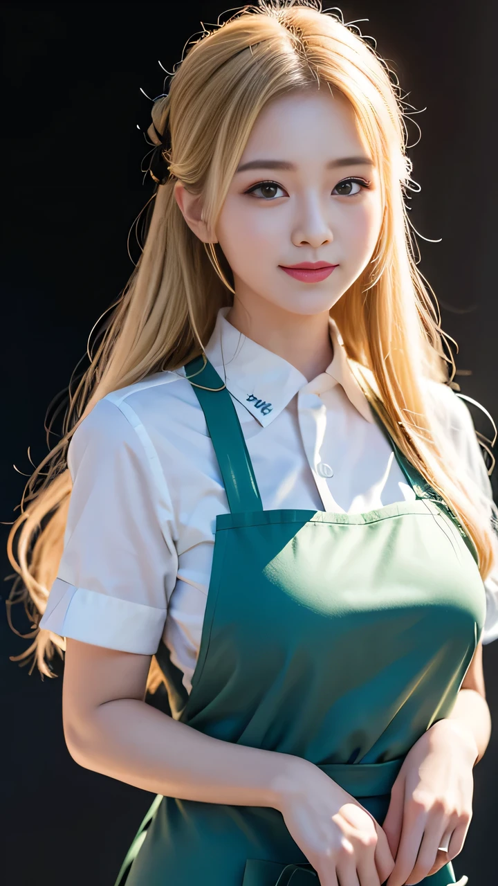 (((Perfect number,number,Solitary, (((White chef's suit, Wearing a green apron))),(((Brocade_Raw pine,Long hair, Blonde hair, Blue-black pupil color, Hair tied in a bunch at the end))),((masterpiece)),high resolution, ((Best quality at best)),masterpiece,quality,Best quality,((( Exquisite facial features,Looking at the audience,There is light in the eyes,(((Smile))),))),型number:1.7))),(((Light and Shadow,Huge breasts))),(((Looking at the camera,black background,)))
