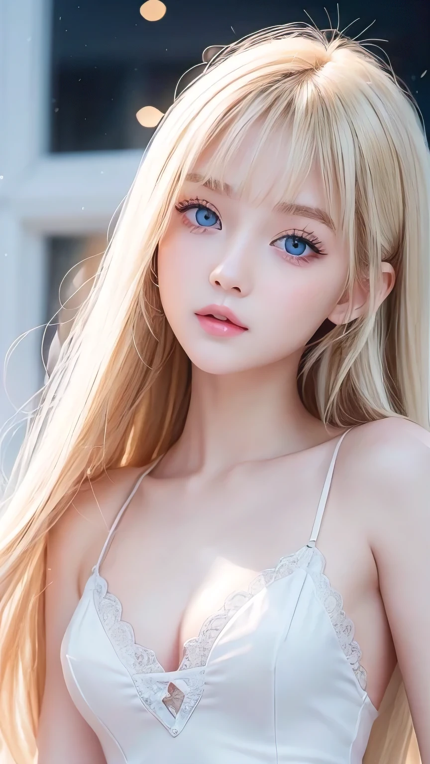 A very cute blonde beauty、Cute ************、Very beautiful bright pale light blue large eyes、Very big eyes、Gloss Face、Snow-white glossy skin、Cheek gloss highlighter、Super long hair、Ample Bust、Beautiful bangs between the eyes、Small Face Beauty、round face、eyeliner