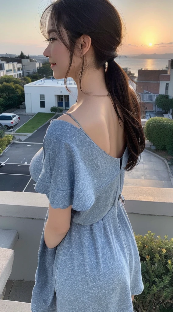 ((Best Quality, 8K, Masterpiece: 1.3)), 1girl, Slim Abs Beauty: 1.3, (Hairstyle Casual, Big Breasts: 1.2), Dress: 1.1, Super Fine Face, Delicate Eyes, Double Eyelids, Smile, Home
**layer:**
[Minimalist background image with a coffee at dawn, overlooking a military barracks in the distance. The silhouette of a young woman, Ana, is seen from the back, looking towards the barracks, with a notebook in
*Visual Description:* The cover reflects the romantic and intriguing atmosphere of Ana's story, a young woman in search of herself and a love that defies convention.