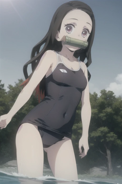 masterpiece, Highest quality, One girl,, Multicolored Hair, School Swimsuit, Bit Gag, , View your viewers, Are standing, In the water, Perfect light, Remove hands,