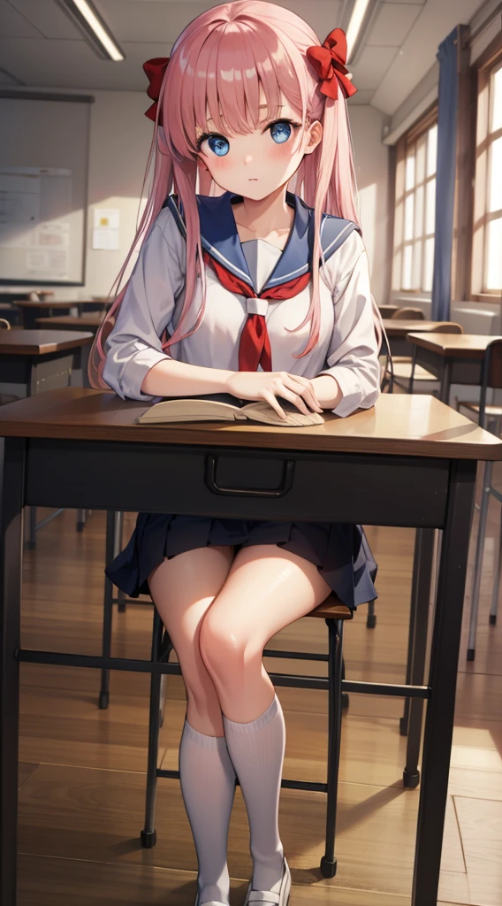 nodokaharamura, nodoka haramura, blue eyes, hair bow, long hair, pink hair, bow,
BREAK blue skirt, kiyosumi , pleated skirt, , serafuku, skirt,
BREAK looking at viewer,
BREAK indoors, classroom,
BREAK (masterpiece:1.2), best quality, high resolution, unity 8k wallpaper, (illustration:0.8), (beautiful detailed eyes:1.6), extremely detailed face, perfect lighting, extremely detailed CG, (perfect hands, perfect ),
