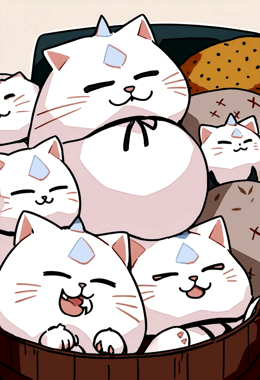Highest quality, masterpiece, Ultra-high resolution, Very cute cat,Holding rice ball with front paws, Biting into rice ball,Triangular rice balls,Handwritten style,White Cat
