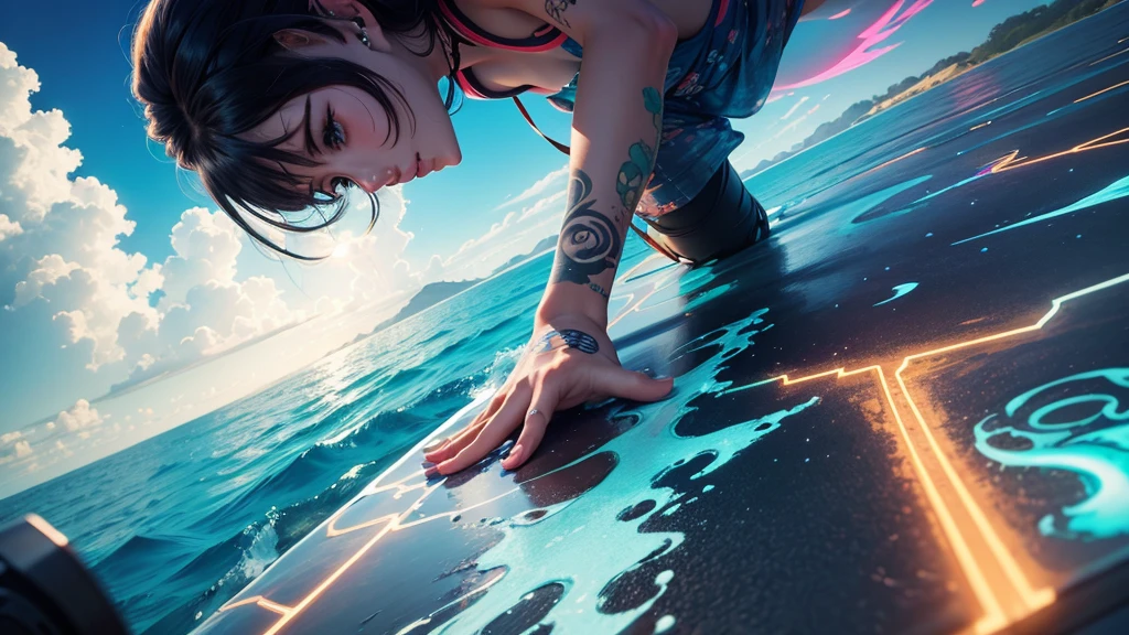 ((zoom in) Create a scene of a large ocean of colored paints simulating tattoos illuminated with neon by drawing the title Ai in the sky, ai my love