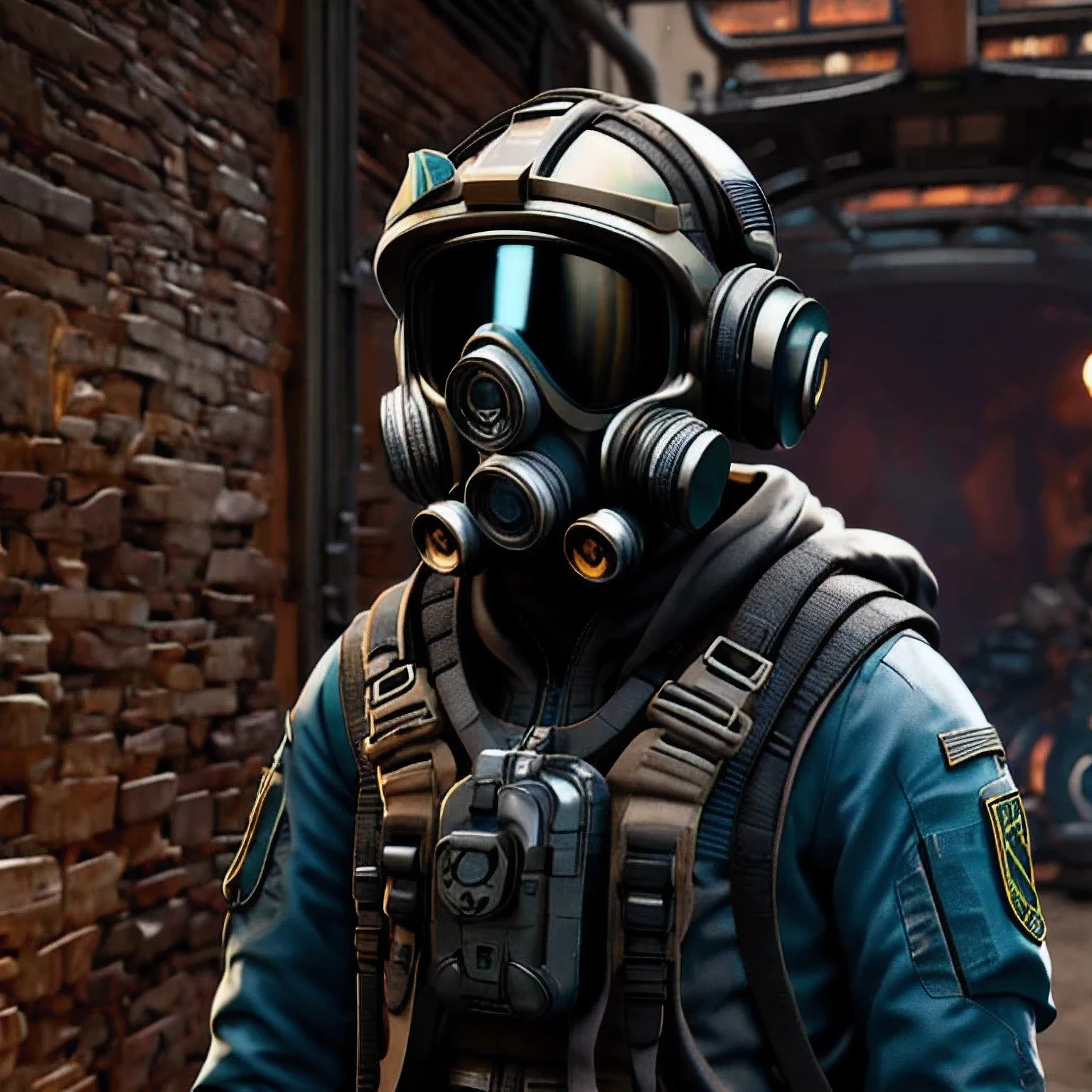 Image of a man wearing a gas mask and goggles, Science Fiction Characters render, 3D rendering style, Science Fiction Characters, Post-apocalyptic explorer, Science Fiction Characters, Stylized 3 D rendering, 3 d character render, sci - fi pilot, Sci-fi soldier, character render, Stylized characters, Dusty spacesuit(((Goggles)))(one person)