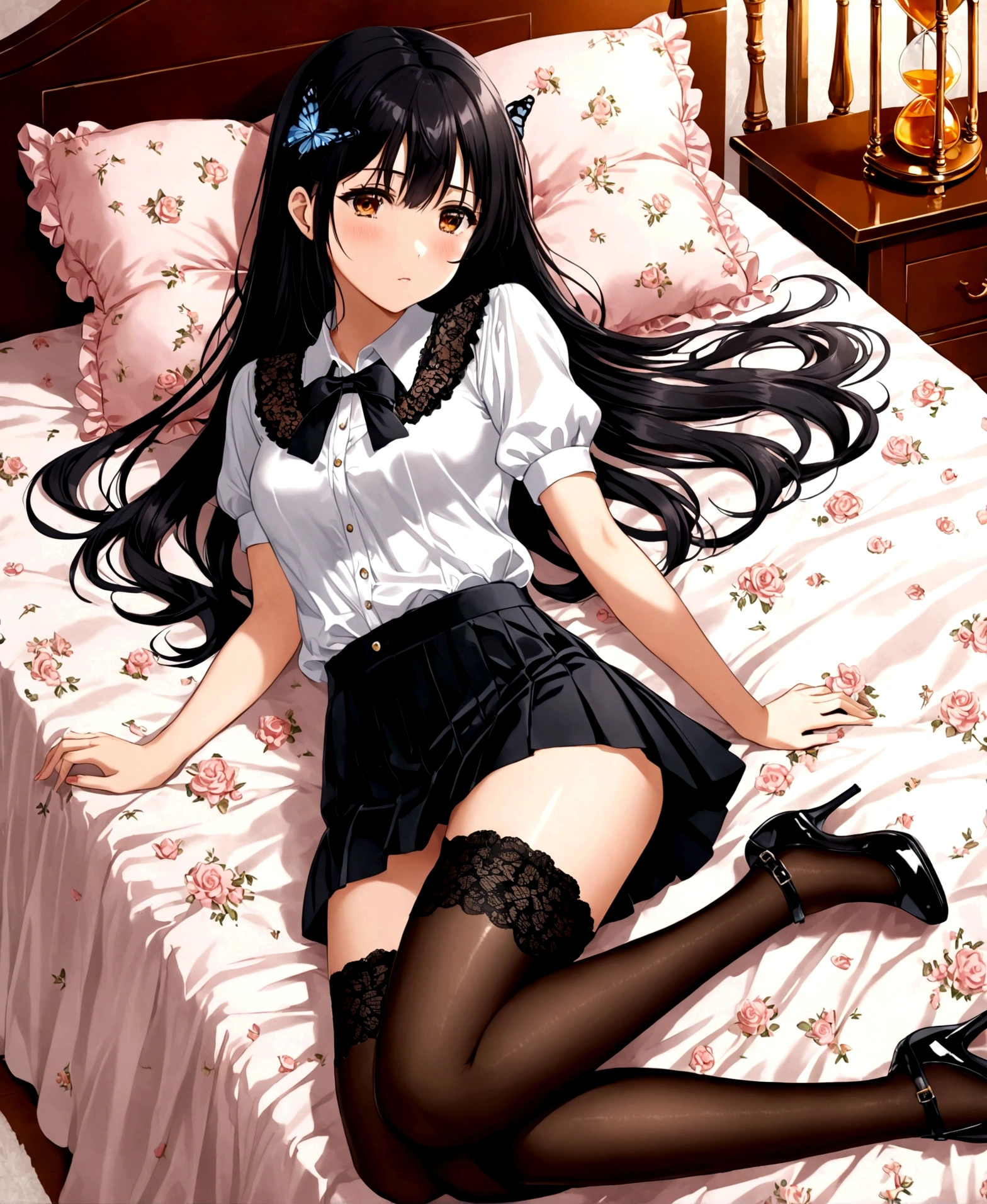 A woman, 18 years old, bedroom, feminine decor, luxurious room, serious, shocked, sobbing, hugging a stuffed animal, lying down, bed, head on pillow, crossing her legs, hourglass shaped body, shapely legs, medium chest, medium hip, small waist, long hair, black hair, honey eyes, wattle eyes, casual wear, mini skirt, mini skirt with flower patterns, pleated mini skirt, thigh high stockings, stockings held up by garters, stockings with diamond patterns, blouse, blouse with lace, neckline, blouse with butterfly patterns, patent leather shoes, medium heels,