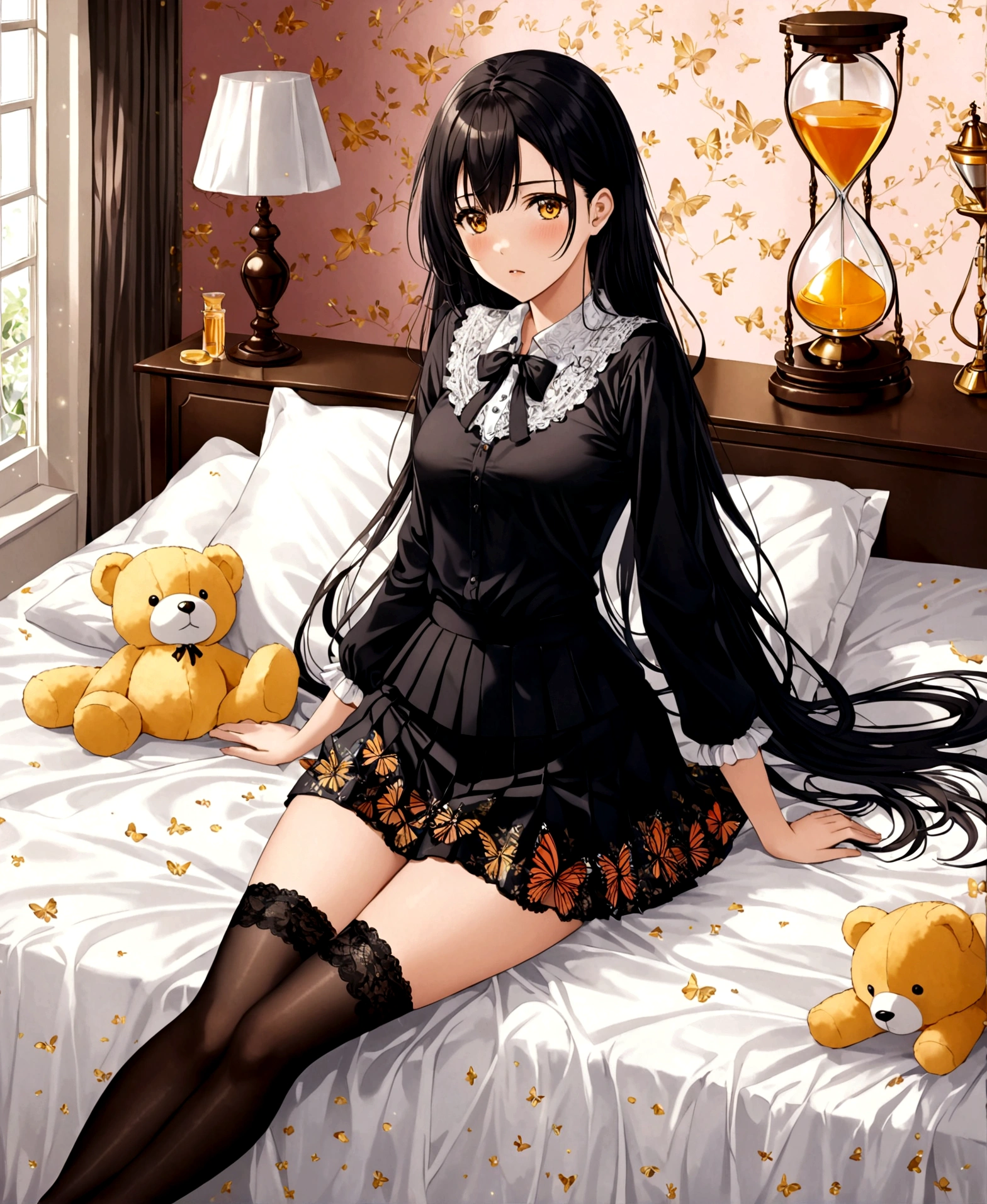 A woman, 18 years old, bedroom, feminine decor, luxurious room, serious, shocked, sobbing, hugging a stuffed animal, lying down, bed, head on pillow, crossing her legs, hourglass shaped body, shapely legs, medium chest, medium hip, small waist, long hair, black hair, honey eyes, wattle eyes, casual wear, mini skirt, mini skirt with flower patterns, pleated mini skirt, thigh high stockings, stockings held up by garters, stockings with diamond patterns, blouse, blouse with lace, neckline, blouse with butterfly patterns, patent leather shoes, medium heels,