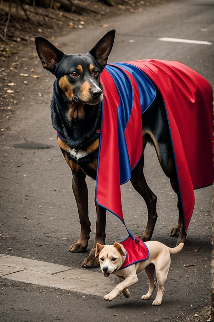 A Pincher dog with a cape and its owner 
