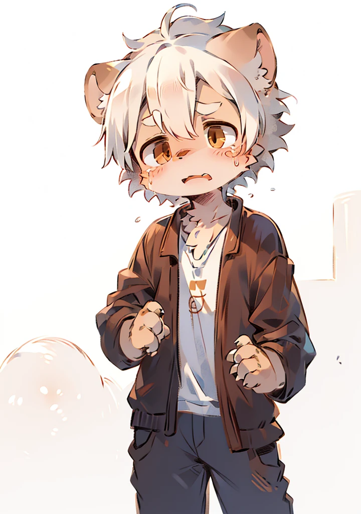 masterpiece，hyena，male，child，Solitary，Minimal details，Delicate eyes，Brown eyes，Hair，White background，Cartoon style，White hair，Facing the camera，Cry loudly