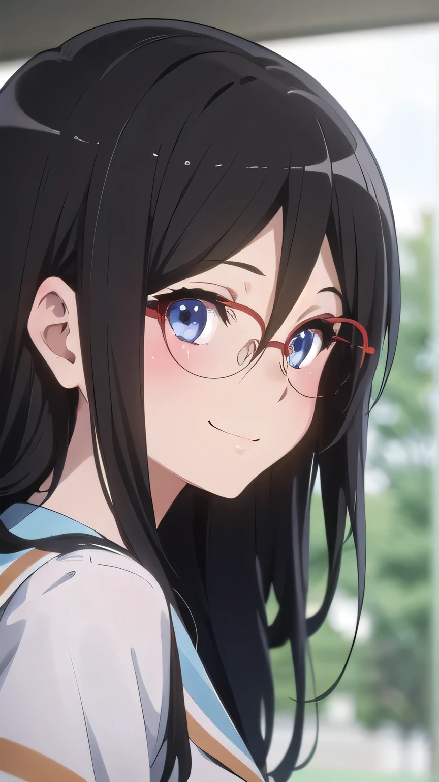 คุณภาพดีatสุด, Masterpiece, highres, alone, {Thanaka_Asuka_euphonium sound:1.15}, black_hair, long_hair, glasses, light blue_eyes, Blush, red frame_glasses, Seraph, beyond the edge_glasses, semi borderless_glasses, hair_between_eyes, 1 girl, Kitauchi_high_school_uniform, look_at_viewer, smile (park:1.3),