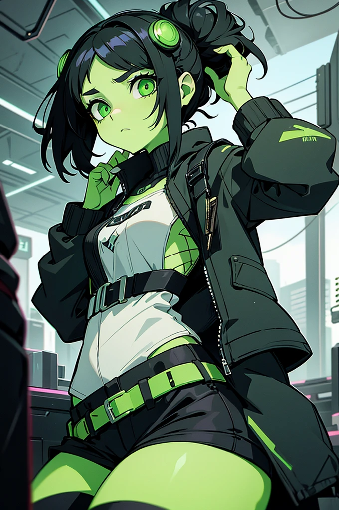 Witch girl, her hair is black and short, eyes is green, style is cyberpunk whit clotches wide and green, white skin