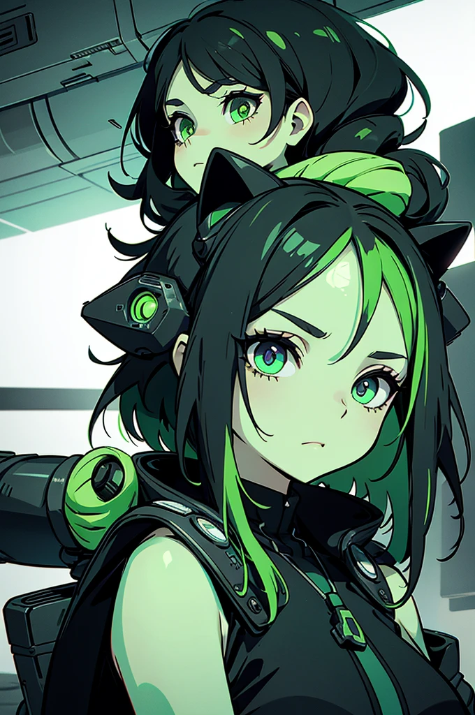 Witch girl, her hair is black and short, eyes is green, style is cyberpunk whit clotches wide and green, white skin