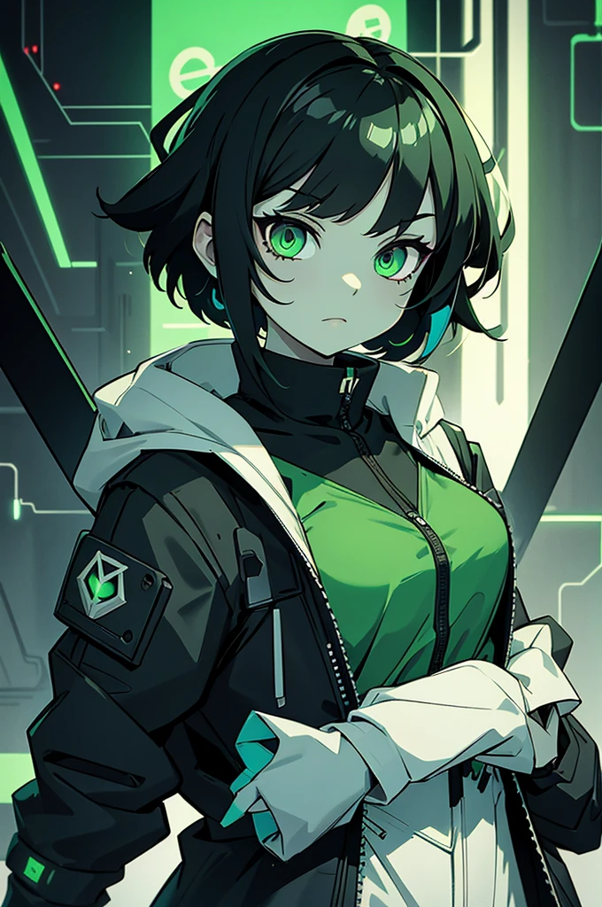 Witch girl, her hair is black and short, eyes is green, style is cyberpunk whit clotches wide and green, white skin