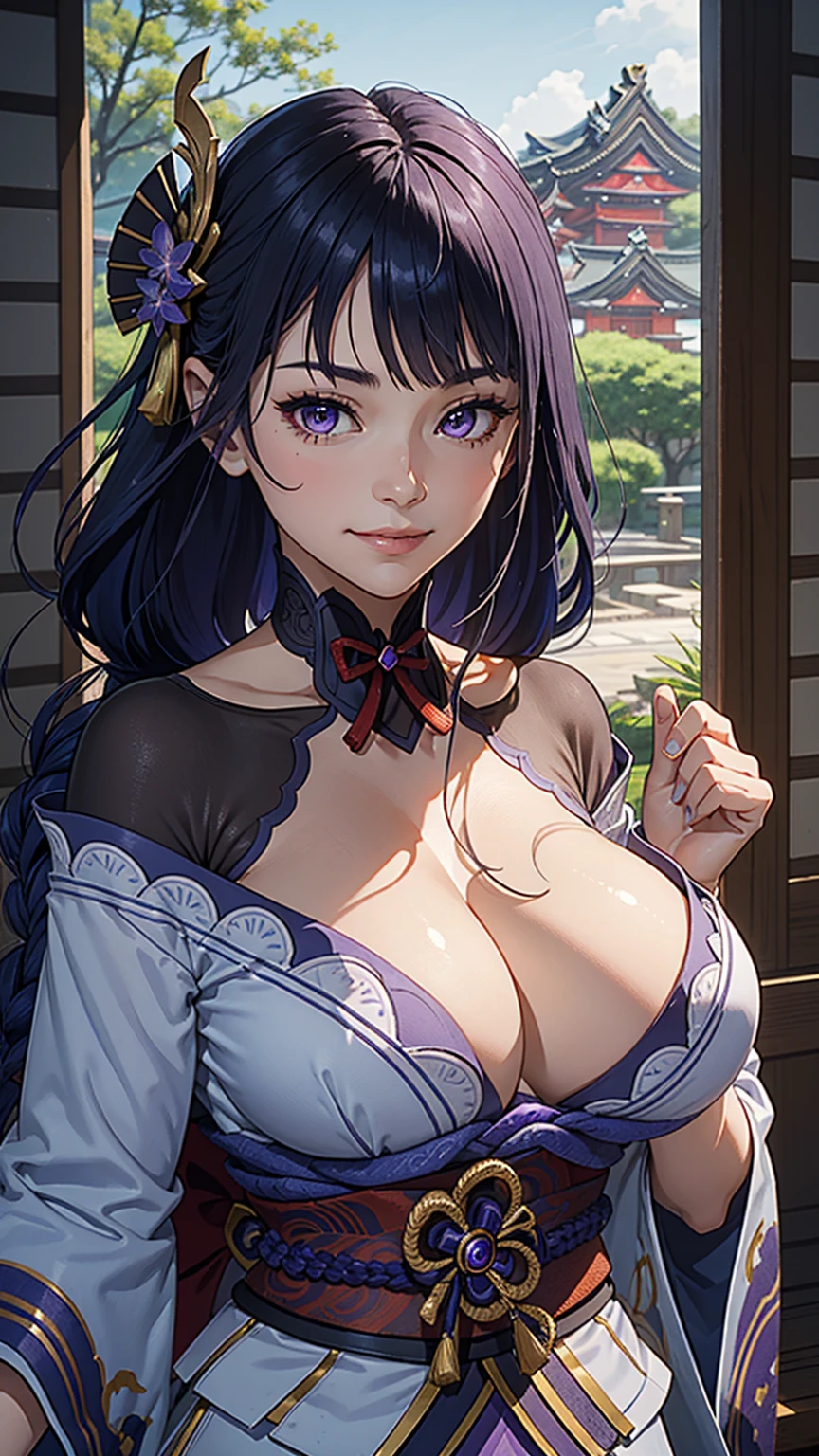 (Raidenshogundef),masterpiece,huge breast, outdoors, looking at viewer, detail eyes, detail face, standing, smile, (upper body view:1.5), upper body shot, (portait), (detailed face),genshin impact