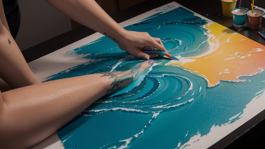 ((zoom in) Create a scene of a large ocean of colored paints simulating tattoos illuminated with neon by drawing the title Ai in the sky, ai my love