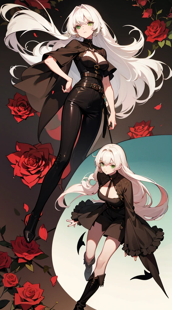 character sheet, character design, multiple angles, full body, beautiful woman, white hair, long curly hair, ((crew cut: 1)), green eyes, fair skin, ((muscular: 1)), female, 28 years old Wearing a black blouse with green and brown details, a blouse brown leather shawl, black pants, black boots, roses, spikes with thorns, roses with eyes, eyes in the shallows, demon roses.