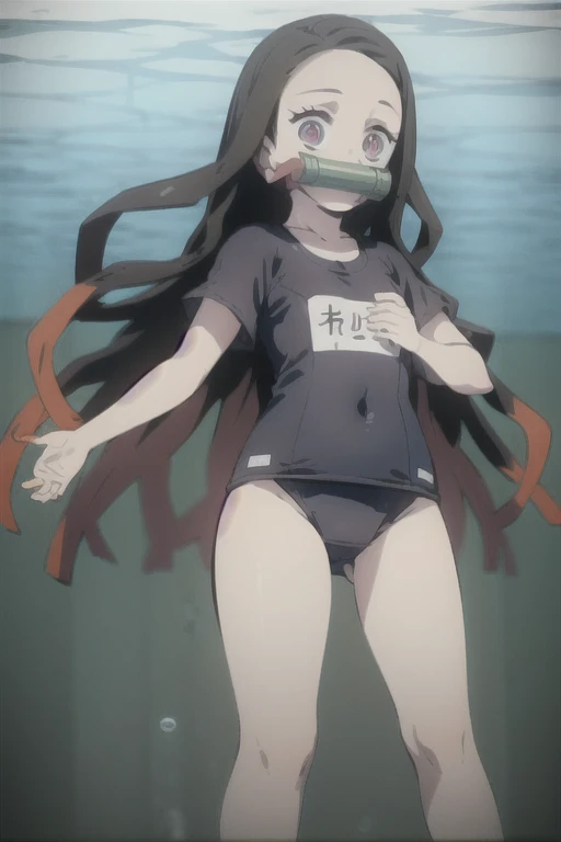 masterpiece, Highest quality, One Girl,, Multicolored Hair, School Swimsuit, Bit Gag, , View your viewers, Are standing, Underwater background, Perfect light, Stretch your hand up, feet