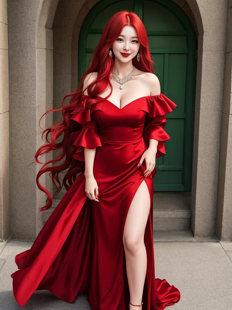 1girl, long hair, red hair, green eyes, red lips, red eyeshadow, diamond necklace, smile, blush, happy face, full body, huge breasts, mature female, korean girl, red gown dress, long dress, off shoulder dress,  